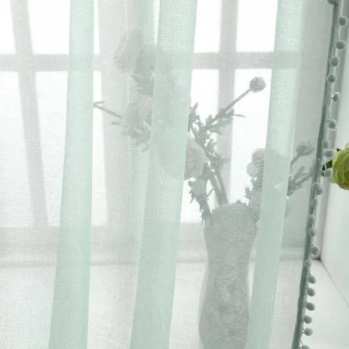 Vista 4 de MISS SELECTEX Cortinas semitransparentes con aspecto de lino y borlas de pompones - Cortinas de gasa semitransparentes con bolsillo para varilla