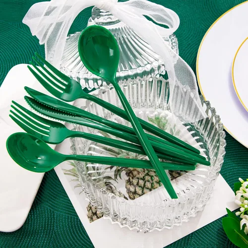 Vista 5 de Rubtlamp 180 cubiertos de plástico verde, utensilios de plástico de San Patricio resistentes, juego de cubiertos verdes desechables, cubiertos