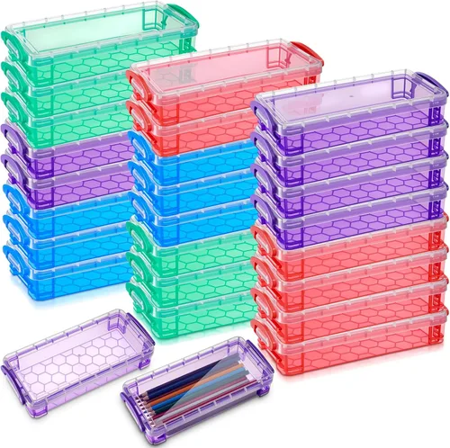 Vista 7 de Gueevin 24 cajas de lápices de plástico de gran capacidad, estuche de plástico transparente, caja de lápices con tapa hermética a presión, Azul