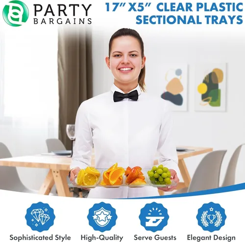 Vista 6 de Party Bargains Bandeja rectangular seccional desechable transparente (paquete de 8) de 5 x 16 pulgadas. Bandeja de plástico con 4 compartimentos