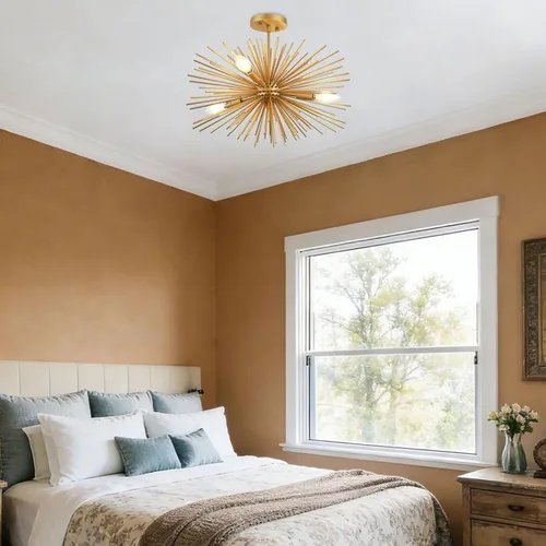 Vista 5 de Moderna lámpara Sputnik dorada de 20 pulgadas, 4 luces, moderna lámpara de techo semiempotrada de metal sólido dorado Starburst Sputnik Candelabro