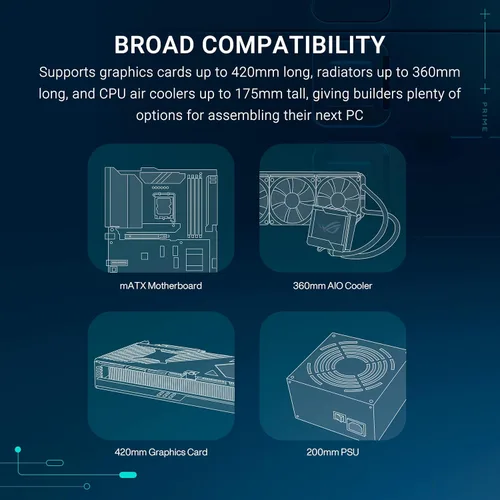 Vista 6 de ASUS Prime AP202 ARGB Black mATX carcasa de PC con vidrio curvo completamente templado, soporta tarjetas gráficas de hasta 420 mm de largo
