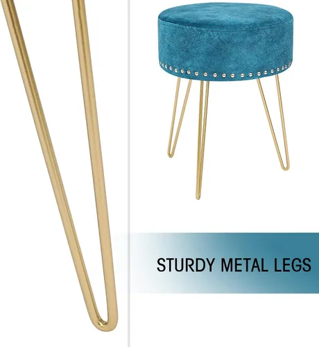 Vista 6 de Adeco Taburete redondo azul para tocador, taburete de maquillaje tapizado otomano con patas de metal dorado para sala de maquillaje, sala de estar