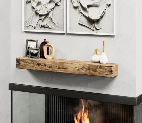 Vista 4 de URBANDI Repisa de chimenea, envejecida, rústica, flotante, moderna, madera real. (48 pulgadas de largo x 6 pulgadas de alto x 8 pulgadas, marrón)