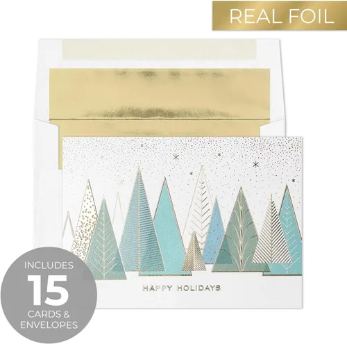 Vista 2 de Canopy Street Masterpiece Árboles contemporáneos con papel de oro para tarjetas festivas / 15 tarjetas de Navidad modernas en caja con sobres