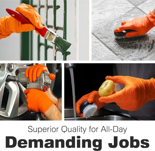 Vista 8 de Raxwell Orange Nitrile Gloves 8.5 Mil - Powder-Free Puncture-Resistant Protection - Diamond-Texture Work Gloves with Grip