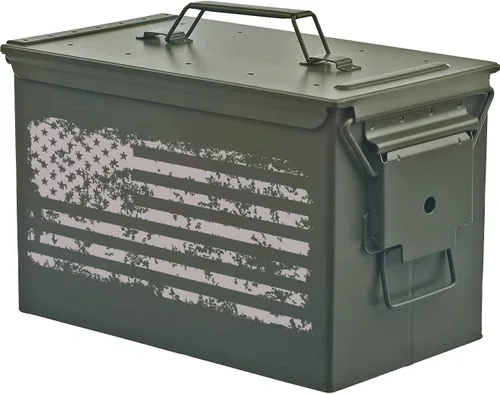 Vista 2 de Caja de almacenamiento de latas de munición grabada con la bandera estadounidense (30 Cal)