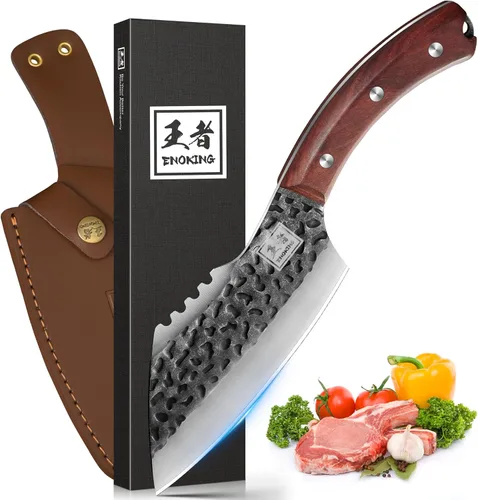 Vista 7 de ENOKING Mini cuchillo vikingo, cuchillo japonés de carnicero de chef de 5.9 pulgadas, corte de carne con funda forjada a mano, cuchillo de carne