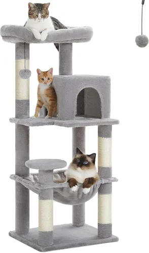 PETEPELA Árbol pequeño para gatos de interior, 32 pulgadas de torre para gatos con rampa rascador de sisal, hamaca acogedora y percha superior Gris