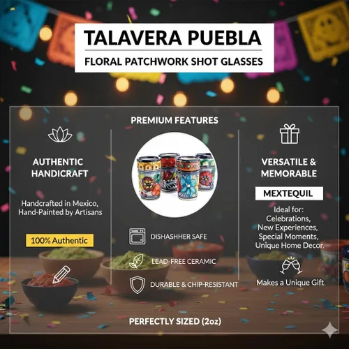 Vista 2 de Juego de 4 vasos de chupito Talavera auténticos mexicanos para tequila - Pintados a mano - 2 Oz (Talavera colorida)