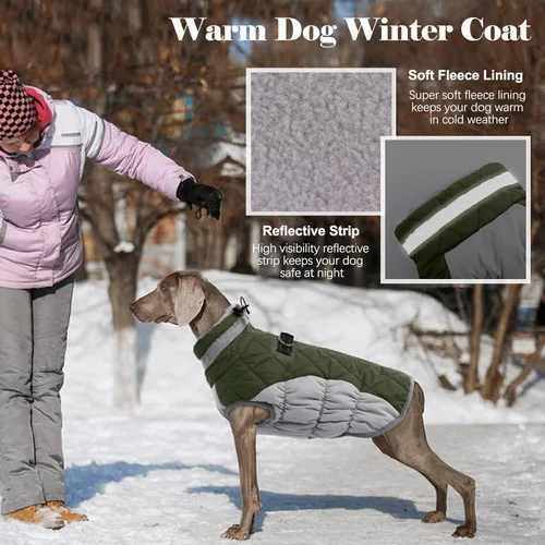 Vista 4 de Lelepet Abrigo para perro con arnés impermeable para perro, cuello alto reflectante y ajustable, chaleco de forro polar cálido para invierno, Verde