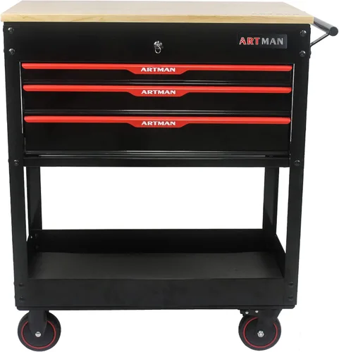 Vista 2 de Carrito de herramientas resistente con 3 cajones de almacenamiento y banco de trabajo abatible, carrito de servicio industrial para mecánicos