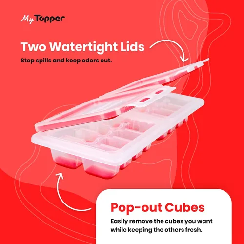IceTopper Plus - Bandeja para cubitos de hielo con 2 tapas adjuntas, moldes para cubitos de hielo de fácil liberación, 16 cubos por bandeja,