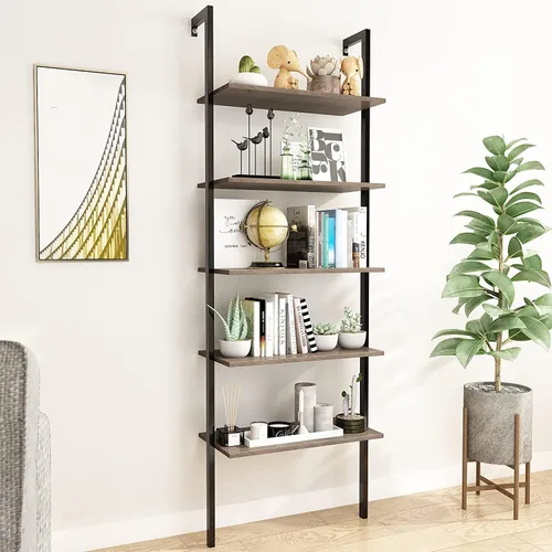 Estantería de escalera de 5 niveles, estantería industrial de pared con marco de metal, estantería inclinada de 70 pulgadas de alto, estantería de