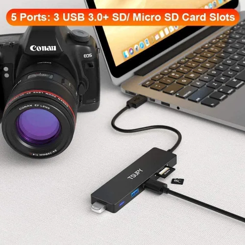 Vista 8 de Hub USB 3.0, adaptador multipuerto TSUPY 5 en 1 Hub USB 3.0 con lector de tarjetas SD Micro SD, 3 puertos USB 3.0 compatibles para laptop, MacBook