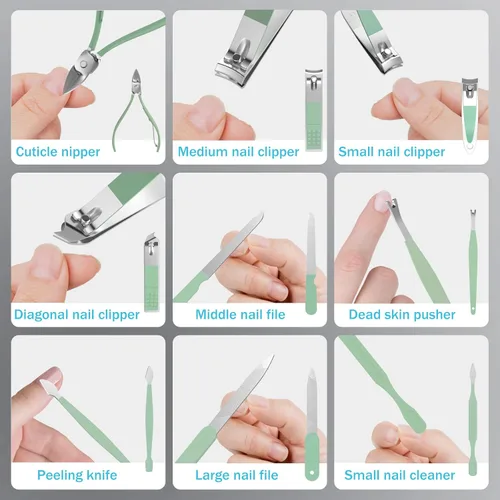Vista 5 de Tseoa Juego de manicura de cuidado personal, kit de cortaúñas, juego profesional de pedicura para cortaúñas, herramientas de uñas con lujosa funda