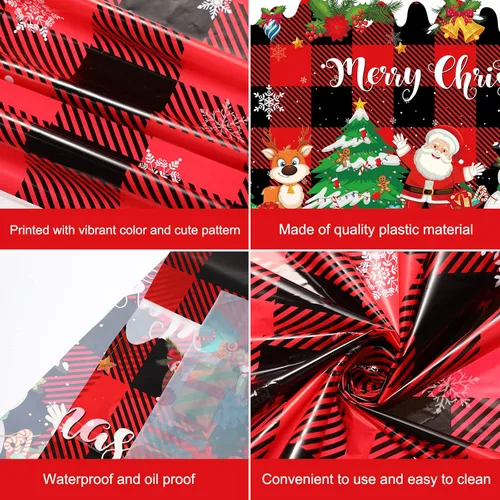 Vista 4 de Tiamon 3 piezas de mantel de Navidad 54 x 108 pulgadas, rojo, negro, mantel a cuadros de búfalo para mesa rectangular, mantel desechable de plástico