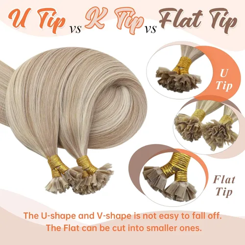 Vista 7 de Sunny Blonde U Tips - Extensiones de cabello humano con puntas en U preunidas, extensiones de cabello real, color rubio ceniza, puntas en U