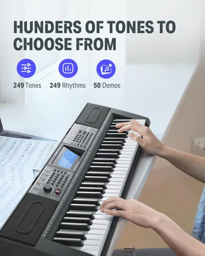 Vista 2 de Donner Teclado de Piano de 61 Teclas, Kit de Teclado de Piano Eléctrico con 249 Voces, 249 Ritmos - Incluye Soporte para Piano, Taburete, Micrófono