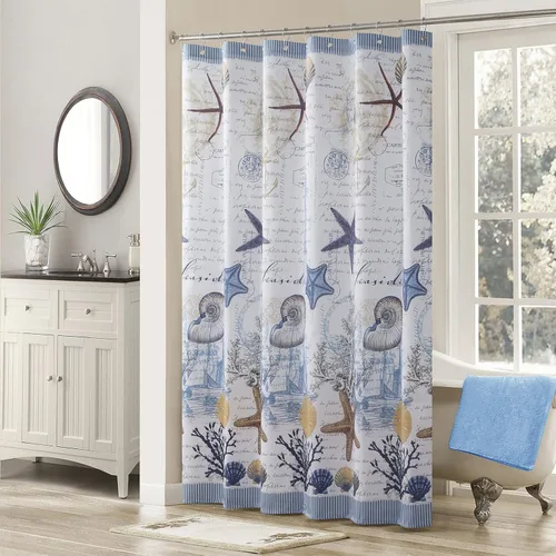 Vista 12 de Cortina de ducha Tremiti Aqua Starfish de poliéster, cortinas impermeables para baño con rayas verdes impresas, 72" x 78" extralarga