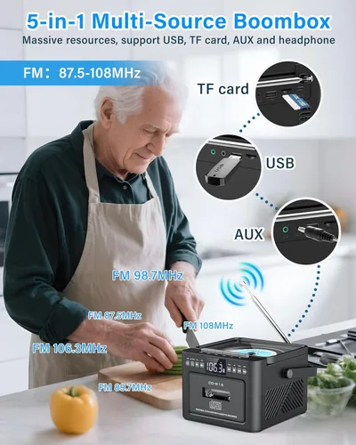 Vista 8 de Greadio Boombox - Combo de reproductor de CD y cassette, reproductor de CD recargable de 5000 mAh con Bluetooth de recepción/transmisión/radio