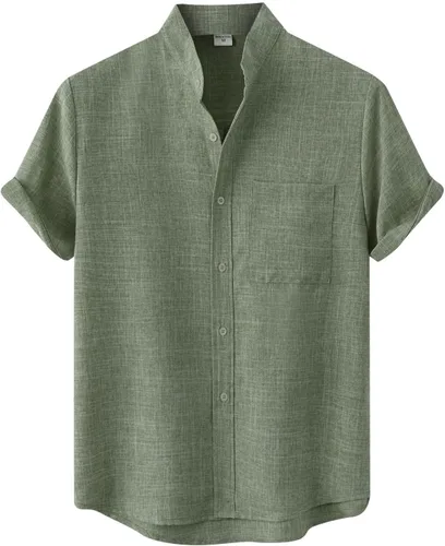 ZWRXW Camisas de lino para hombre, manga corta, para verano, casual, con botones, cuello alto, para playa, ligeras