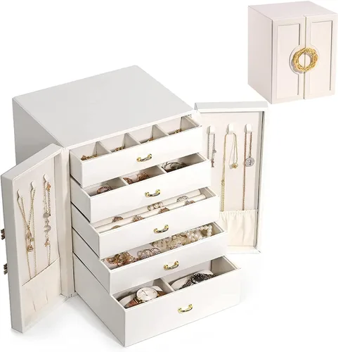LEFORZ Joyero organizador de joyas para mujeres y niñas, estuche de almacenamiento de joyas de 5 capas para aretes, collares, pulseras, anillos,