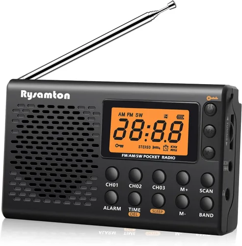 Radio portátil AM/FM/onda corta, radios de bolsillo con pilas, pantalla digital grande, radio reloj con alarma y función de sueño, auriculares