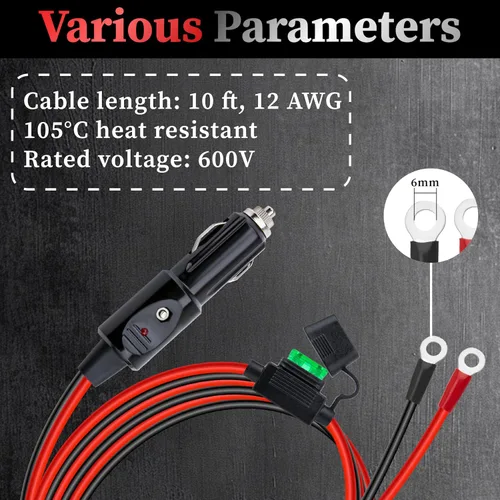 Vista 2 de Enchufe de encendedor de cigarrillos resistente de 12 AWG, cable adaptador de enchufe macho de encendedor de cigarrillos de 10 pies con luces LED
