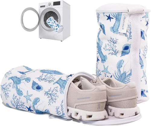 Vista 8 de Bluehome Bolsas para lavadora de zapatos (paquete de 2) – Bolsas protectoras de malla para lavandería, incluye cepillo para zapatillas