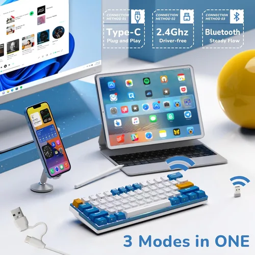 Vista 2 de RK ROYAL KLUDGE RK61 Plus Teclado Mecánico Inalámbrico, 60% Teclado Gaming con Bluetooth/2.4G/USB Cableado, Teclados PC Gaming Intercambiables