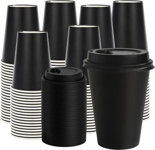 Tazas de café de papel de 12 onzas con tapas, paquete de 100 tazas de café caliente desechables negras con tapas, tazas para llevar, para fiestas,