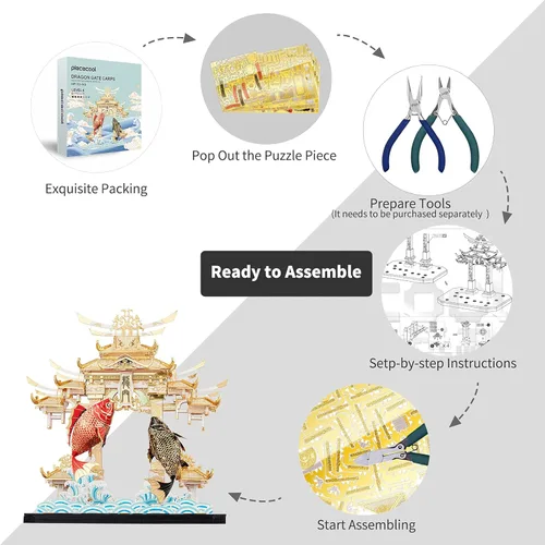 Vista 5 de Piececool Kit de modelos de rompecabezas de metal 3D, modelos de carpas de Dragon Gate, kit de construcción para adultos, rompecabezas 3D