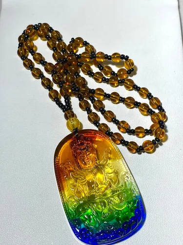 Vista 4 de Samantabhadra - Collar de cristal de arcoíris para hombre y mujer, diseño de jade verde, turquesa estabilizada, amuleto de talismán, largo y grande