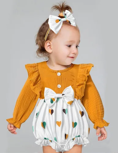 Vista 3 de Ropa de bebé niña con volantes de manga larga de algodón y lino con botón + diadema 2 piezas de otoño para bebé niña