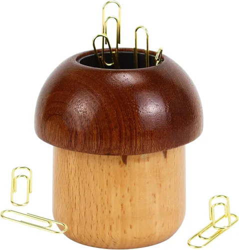 Vista 9 de Mulitbey - Soporte de clip de bambú con tapa giratoria, organizador de escritorio de madera natural para clips de papel, clips de carpeta, soporte