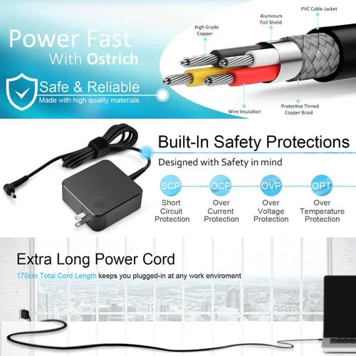 Vista 4 de Cargador compatible con computadora portátil Lenovo 65W 45W Adaptador de CA de punta redonda