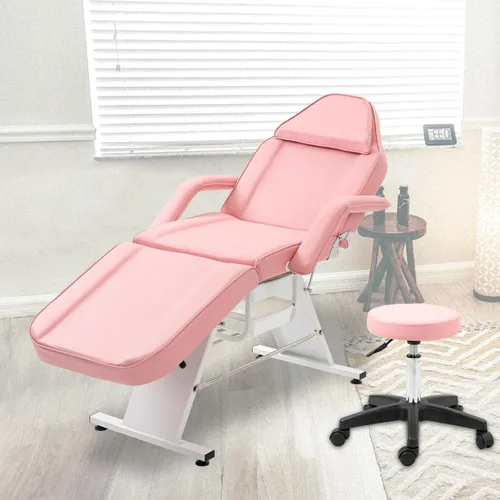 Vista 11 de Silla de tatuaje de salón de masaje con dos bandejas, cama esteticista con taburete hidráulico, mesa de cama facial multiusos de 3 secciones,