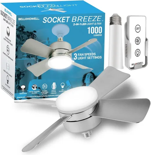 Vista 9 de Bell+Howell Socket Breeze Deluxe, pequeño ventilador de techo con luz LED y mando a distancia, velocidades y brillo ajustables, ventilador de luz