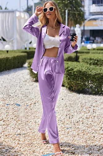 Vista 3 de Ekouaer Conjunto de pijama de satén largo clásico de verano para mujer