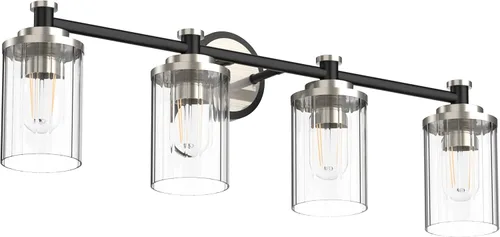 Vista 11 de Luminarias de Baño Negras y Cromadas con Pantalla de Vidrio Transparente de Rayas Cilíndricas Base de Casquillo E26 Luminarias de Baño Sobre Espejo