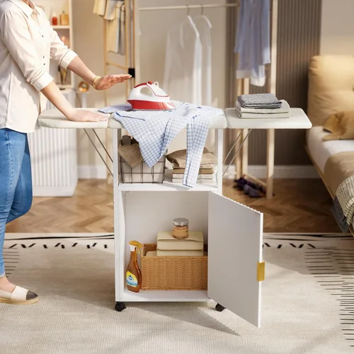 Vista 8 de Tabla de planchar con armario de almacenamiento, tabla de planchar plegable con almacenamiento, mesa plegable compacta para lavandería, escritorio