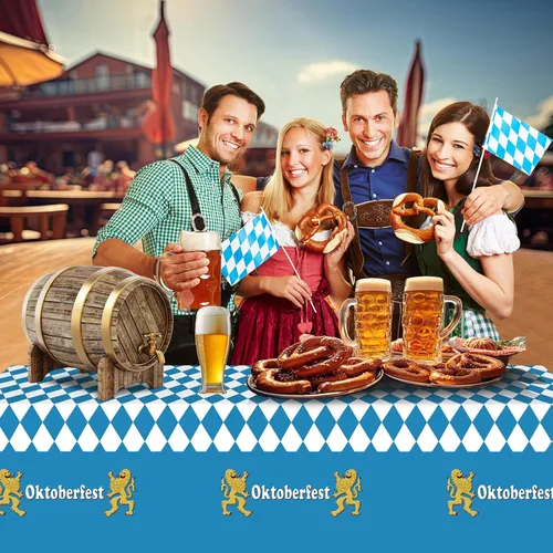 Vista 6 de 1 paquete de manteles desechables para el Oktoberfest bávaro, mantel rectangular de plástico azul y blanco con bandera bávara, decoración