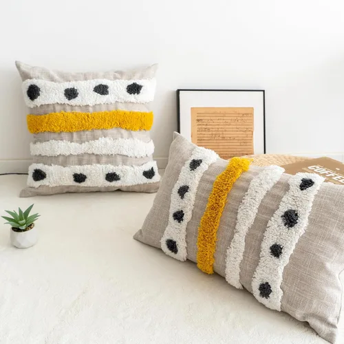 Vista 2 de Funda de cojín lumbar bohemia copetuda con rayas tejidas a mano, funda de cojín decorativa simple de lino y algodón para sofá (1 unidad