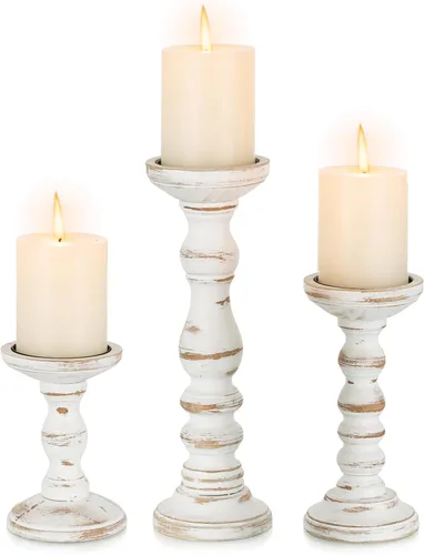 Vista 8 de Romadedi Portavelas de madera para pilar, juego de 3 candelabros de madera rústicos vintage altos, portavelas de granja para chimenea, manto, mesa