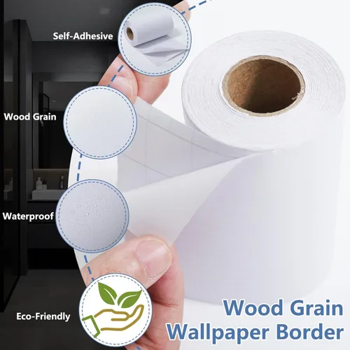 Vista 3 de WADILE 10 m de cenefa de papel pintado de grano de madera blanco, marco de espejo extraíble, impermeable, papel de pared autoadhesivo, para pegar