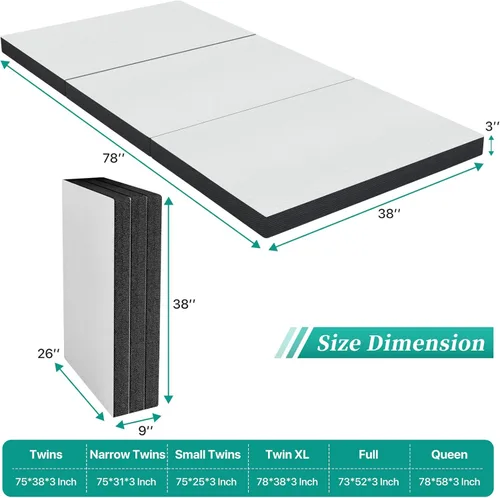 Vista 2 de Colchón plegable de memoria de gel, cubrecolchón portátil CertiPUR-US, colchón de tres pliegues con funda lavable, colchón de espuma plegable