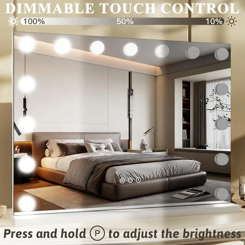 Vista 3 de FENNIO Hollywood - Espejo de tocador con luces de 23 x 18, espejo grande iluminado para maquillaje con 15 bombillas LED regulables, iluminación de 3