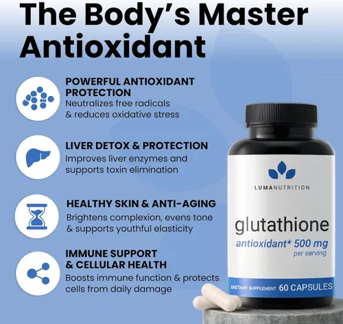 Vista 2 de Luma Nutrition Suplemento premium de glutatión - 500 mg - L-glutatión - Soporte antioxidante - Reducido - Soporte hepático - 60 cápsulas