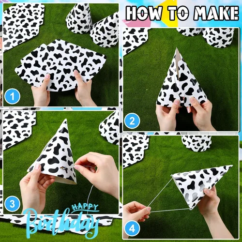 Vista 3 de Teling 30 sombreros de fiesta de cumpleaños con temática de coche/vaca, sombrero de cono de papel, suministros de fiesta de cumpleaños para niños